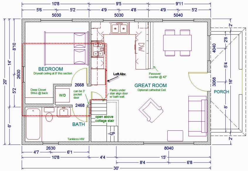 20' wide 11/2 story cottage w/ loft