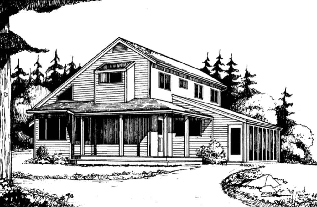 Pen and ink drawing of the Solar Farmhouse: a gable roofed two story house with a deep covered porch across the front and a glazed sunroom on the end, drawn among fir trees.