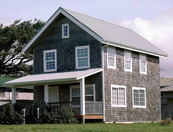 The 20’ by 34’ Two Story Universal Cottage House Plans Kit from CountryPlans.com has a saltbox foundation